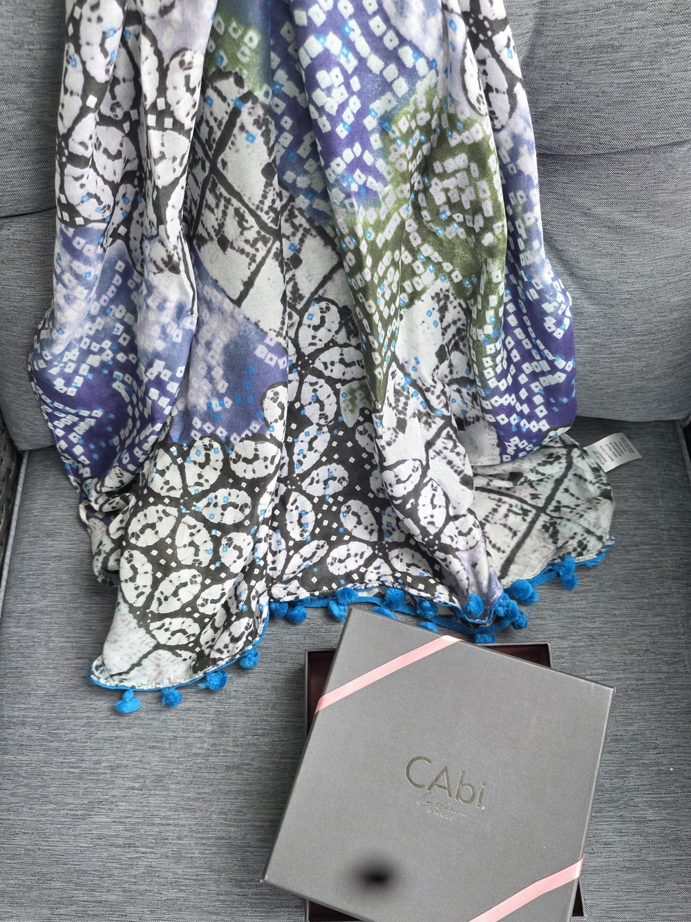 CAbi Blue, Green & Black Abstract Print Scarf with Turquoise Pom Trim